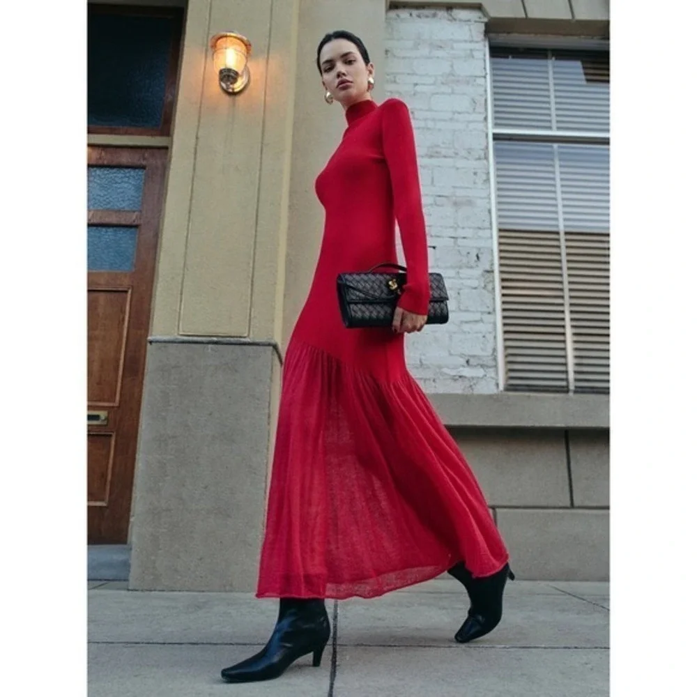 Commense Red‎ Knit Maxi Dress Turtleneck Long Sleeve Evening Cocktail Dress